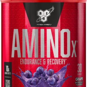 BSN Amino X - Suplemento en polvo para recuperación muscular y resistencia con BCAA, 0.35 onzas (10 g) de aminoácidos, recomendado para alimentación cetogénica, libre de cafeína. Sabor: Azul frambuesa.