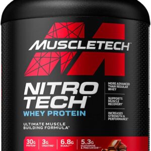 MuscleTech Nitro-Tech - Proteína aislada y péptidos de suero de leche en polvo + creatina p/ganancia y construcción muscular p/hombre y mujer, nutrición deportiva (chocolate, 4 libras, 40 porciones)